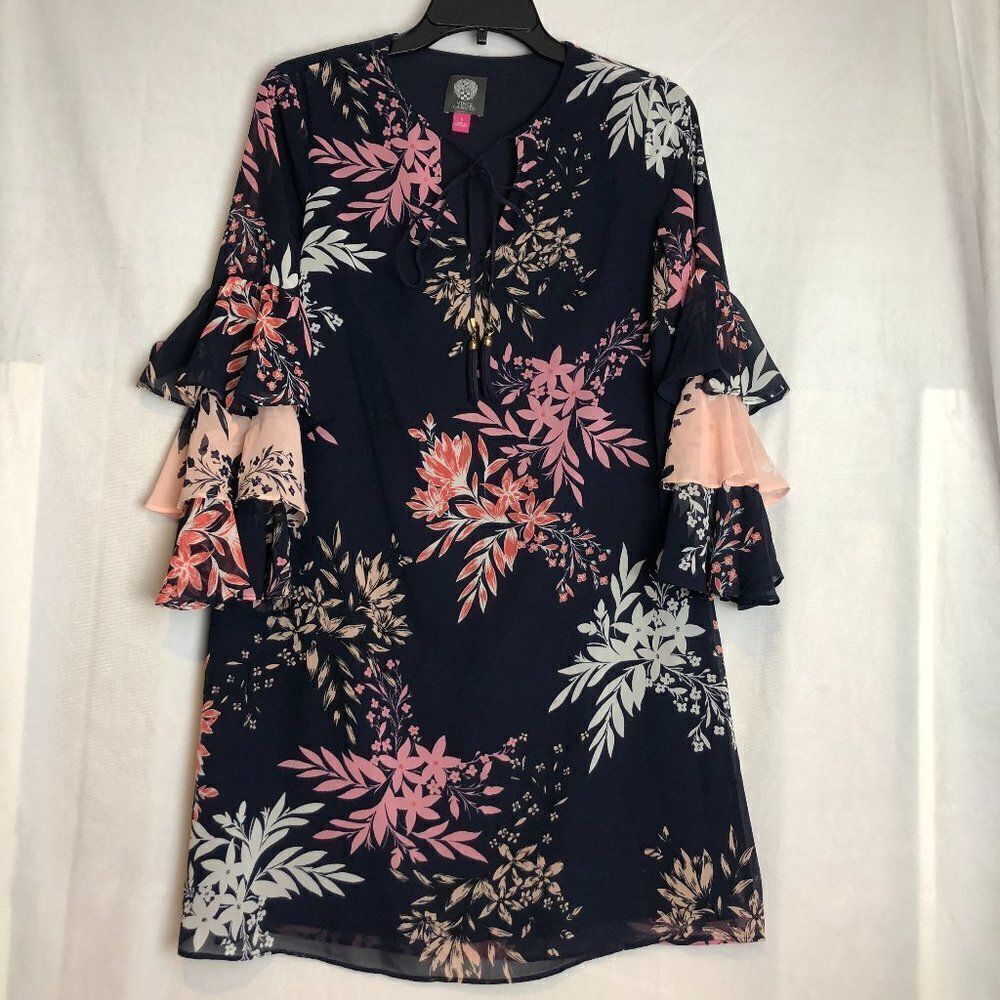 VINCE CAMUTO BLUE PINK FLORAL LONG SLEEVE V-NECK DRESS SIZE 2.                 E